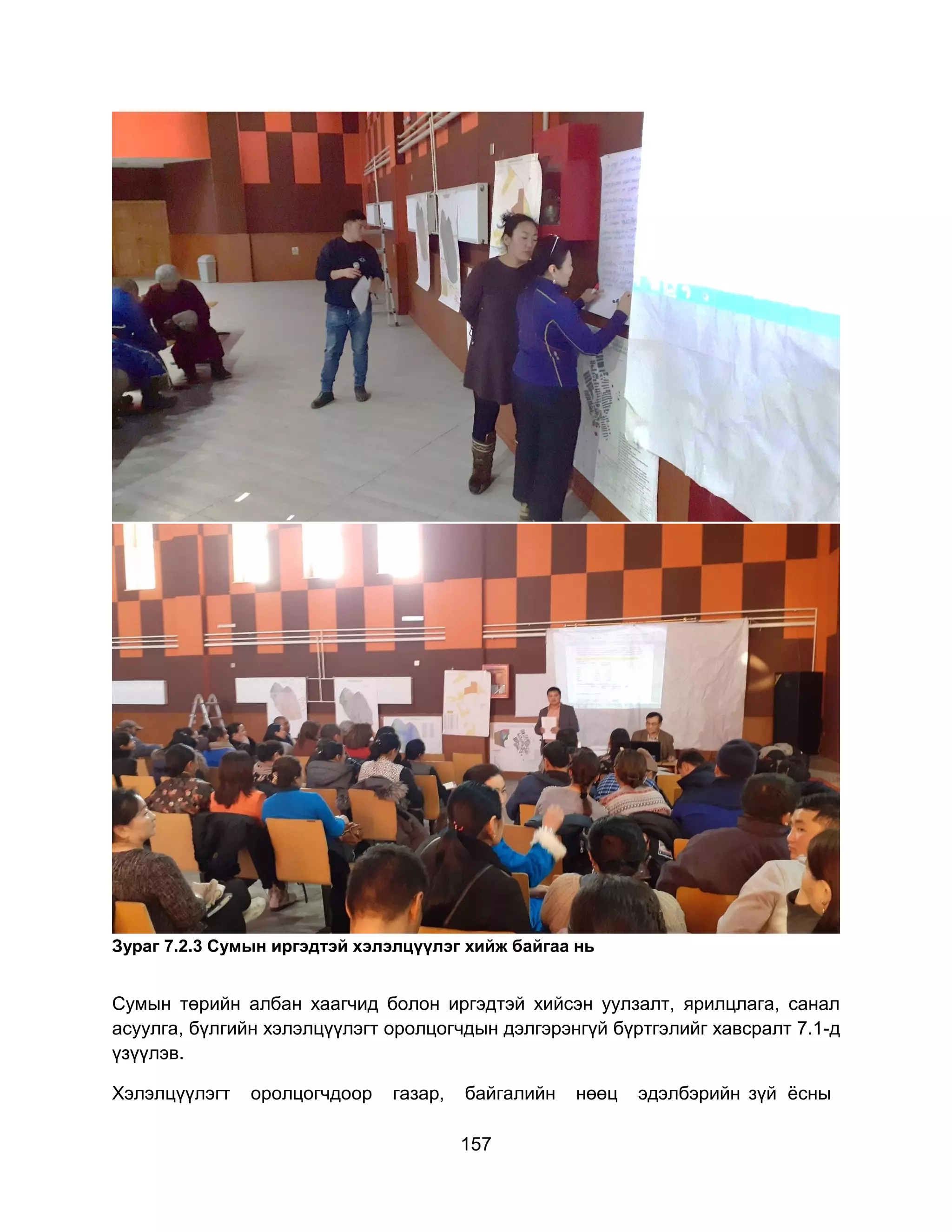 157
Зураг 7.2.3 Сумын иргэдтэй хэлэлцүүлэг хийж байгаа нь
Сумын төрийн албан хаагчид болон иргэдтэй хийсэн уулзалт, ярилцлага, санал
асуулга, бүлгийн хэлэлцүүлэгт оролцогчдын дэлгэрэнгүй бүртгэлийг хавсралт 7.1-д
үзүүлэв.
Хэлэлцүүлэгт оролцогчдоор газар, байгалийн нөөц эдэлбэрийн зүй ёсны
 