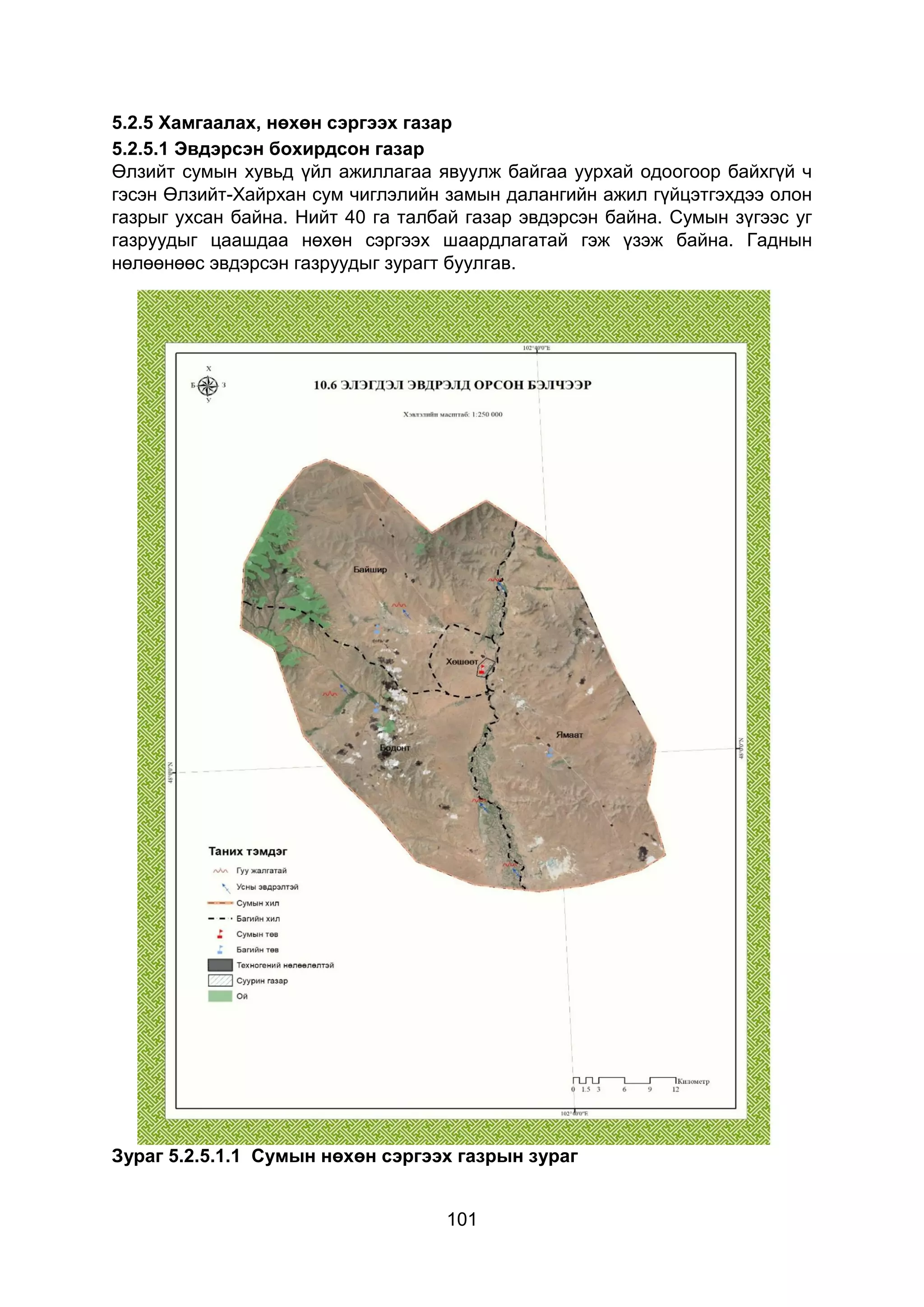 101
5.2.5 Хамгаалах, нөхөн сэргээх газар
5.2.5.1 Эвдэрсэн бохирдсон газар
Өлзийт сумын хувьд үйл ажиллагаа явуулж байгаа уурхай одоогоор байхгүй ч
гэсэн Өлзийт-Хайрхан сум чиглэлийн замын далангийн ажил гүйцэтгэхдээ олон
газрыг ухсан байна. Нийт 40 га талбай газар эвдэрсэн байна. Сумын зүгээс уг
газруудыг цаашдаа нөхөн сэргээх шаардлагатай гэж үзэж байна. Гаднын
нөлөөнөөс эвдэрсэн газруудыг зурагт буулгав.
Зураг 5.2.5.1.1 Сумын нөхөн сэргээх газрын зураг
 