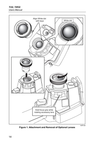 Ti32, TiR32
Users Manual


                     Align White dot
                         with keys               White dot




                       Hold focus grip while
                      rotating accessory lens




                                                               exj04.eps
         Figure 1. Attachment and Removal of Optional Lenses



14
 