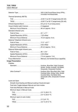 Ti32, TiR32
Users Manual

  Detector Type ......................................................320 X 240 Focal-Plane Array (FPA),
                                                                      uncooled microbolometer
  Thermal Sensitivity (NETD)
     Ti32 .................................................................≤0.05 °C at 30 °C target temp (50 mK)
     TiR32...............................................................≤0.05 °C at 30 °C target temp (50 mK)
  Infrared Spectral Band ........................................8.0 μm to 14 μm (long wave)
  Visual (Visible Light) Camera ..............................2 megapixel
     Minimum Focus Distance ................................46 cm (approx. 18 in)
  Standard Infrared Lens
     Field of View....................................................23 ° x 17 °
     Spatial Resolution (IFOV)................................1.25 mRad
     Minimum Focus Distance ................................15 cm (approx. 6 in)
  Optional Telephoto Infrared Lens
     Field of View....................................................11.5 ° x 8.7 °
     Spatial Resolution (IFOV)................................0.63 mRad
     Minimum Focus Distance ................................45 cm (approx. 18 in)
  Optional Wide-angle Infrared Lens
     Field of View....................................................46 ° x 34 °
     Spatial Resolution (IFOV)................................2.50 mRad
     Minimum Focus Distance ................................7.5 cm (approx. 3 in)
  Focus Mechanism ...............................................Manual, one-handed focus capability
Image Presentation
  Palettes
     Standard..........................................................Ironbow, Blue-Red, High Contrast,
                                                                       Amber, Amber Inverted, Hot Metal,
                                                                       Grayscale, Grayscale Inverted
     Ultra Contrast™ ...............................................Ironbow Ultra, Blue-Red Ultra, High
                                                                    Contrast Ultra, Amber Ultra, Amber
                                                                    Inverted Ultra, Hot Metal Ultra,
                                                                    Grayscale Ultra, Grayscale Inverted
                                                                    Ultra
  Level and Span
     Smooth Auto-Scaling and Manual scaling of level and span
     Fast Auto Toggle between Manual and Auto modes
     Fast Auto-Rescale in Manual mode
     Minimum Span in Manual mode
        Ti32 .............................................................2.5 °C (36.5 °F)
        TiR32...........................................................2.0 °C (35.6 °F)
     Minimum span (in auto mode)
        Ti32 .............................................................5 °C (41 °F)
        TiR32...........................................................3.0 °C (37.4 °F)


32
 