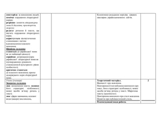спостерігає за мовленням людей,
помічає порушення літературної
норми;
розрізняє поняття літературна
мова й діалекти, просторіччя,
жаргон;
редагує речення й тексти, що
містять порушення літературних
норм;
користується лінгвістичними
словниками з метою
вдосконалення власного
мовлення;
Ціннісна складова
ставиться до української мови
як до найвищої цінності;
сприймає дотримання норм
української літературної мови як
підтвердження духовного
становлення й культурного рівня
особистості;
критично ставиться
до власного мовлення, прагне
додержувати норм літературної
мови.
Колективне укладання переліку цікавих
школярам українськомовних сайтів.
Учень (учениця):
Знаннєва складова
знає визначення тексту; називає
його структурні особливості,
мовні засоби зв’язку речень у
тексті;
знає сфери вживання, основні
види (жанри) висловлень,
Теоретичний матеріал.
Відомості про мовлення.
Повторення й поглиблення вивченого про
текст, його структурні особливості, мовні
засоби зв’язку речень у тексті. Мікротема
тексту (практично).
Повторення вивченого про стилі мовлення.
Поняття про публіцистичний стиль.
Рекомендовані види роботи.
2
 