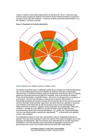 Um Espaço Seguro e Justo para a Humanidade
Texto para Discussão da Oxfam, Fevereiro de 2012
17
A figura 3 abaixo mostra estes dados dentro da estrutura do “donut”, indicando quão
próximo cada processo do sistema-Terra está do limite ambiental máximo e mostrando
que pelo menos três das fronteiras – mudança climática, perda de biodiversidade e uso
de nitrogênio – já foram cruzadas.
Figura 3. Rompendo as fronteiras planetárias
Fonte: Rockström et al (2009b), baseado na Tabela 2 acima.
Um desafio importante para a viabilidade política de se respeitar as fronteiras planetárias
são as suas implicações para as formulações de políticas nacionais e negociações
internacionais. A mudança climática pode ser amplamente reconhecida como um desafio
global que demanda governança global em resposta, mas os processos do sistema-
Terra com limites locais e regionais críticos – tais como uso de água doce e mudança no
uso da terra – tornam mais complexo o alcance de um acordo internacional. A
diversidade do legado de recursos naturais entre os países (em termos de sua área total
de terra, florestas, biodiversidade, água doce, recursos marinhos e petróleo e minerais),
suas histórias muito diferentes de uso de recursos e seus níveis contrastantes de
desenvolvimento econômico, agregam outras dimensões de complexidade. Dado este
contexto, a questão de como definir em acordo divisões justas de esforços para
permanecermos dentro das fronteiras planetárias – ex.: através de “responsabilidades
comuns mas diferenciadas e respectivas capacidades”
23
– é claramente uma questão
crucial, mas complexa.
A complexidade política é muito real, mas também o são as realidades biofísicas do
planeta. Para que estes processos críticos do sistema-Terra sejam protegidos dos níveis
perigosos da degradação, definir em acordo como gerenciá-las em escalas regionais e
planetárias é uma das questões mais importantes da legislação internacional e
governança com a qual a comunidade internacional deve lidar neste século.
 