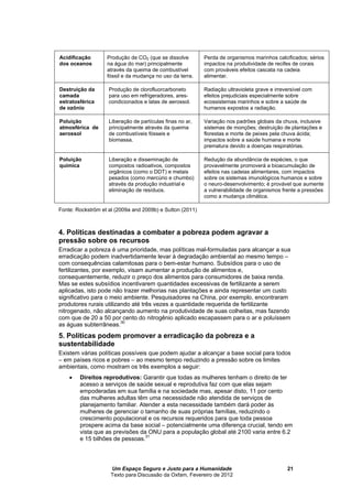 Um Espaço Seguro e Justo para a Humanidade
Texto para Discussão da Oxfam, Fevereiro de 2012
21
Acidificação
dos oceanos
Produção de CO2 (que se dissolve
na água do mar) principalmente
através da queima de combustível
fóssil e da mudança no uso da terra.
Perda de organismos marinhos calcificados; sérios
impactos na produtividade de recifes de corais
com prováveis efeitos cascata na cadeia
alimentar.
Destruição da
camada
estratosférica
de ozônio
Produção de clorofluorcarboneto
para uso em refrigeradores, ares-
condicionados e latas de aerossol.
Radiação ultravioleta grave e irreversível com
efeitos prejudiciais especialmente sobre
ecossistemas marinhos e sobre a saúde de
humanos expostos a radiação.
Poluição
atmosférica de
aerossol
Liberação de partículas finas no ar,
principalmente através da queima
de combustíveis fósseis e
biomassa.
Variação nos padrões globais da chuva, inclusive
sistemas de monções; destruição de plantações e
florestas e morte de peixes pela chuva ácida;
impactos sobre a saúde humana e morte
prematura devido a doenças respiratórias.
Poluição
química
Liberação e disseminação de
compostos radioativos, compostos
orgânicos (como o DDT) e metais
pesados (como mercúrio e chumbo)
através da produção industrial e
eliminação de resíduos.
Redução da abundância de espécies, o que
provavelmente promoverá a bioacumulação de
efeitos nas cadeias alimentares, com impactos
sobre os sistemas imunológicos humanos e sobre
o neuro-desenvolvimento; é provável que aumente
a vulnerabilidade de organismos frente a pressões
como a mudança climática.
Fonte: Rockström et al (2009a and 2009b) e Sutton (2011)
4. Políticas destinadas a combater a pobreza podem agravar a
pressão sobre os recursos
Erradicar a pobreza é uma prioridade, mas políticas mal-formuladas para alcançar a sua
erradicação podem inadvertidamente levar à degradação ambiental ao mesmo tempo –
com consequências calamitosas para o bem-estar humano. Subsídios para o uso de
fertilizantes, por exemplo, visam aumentar a produção de alimentos e,
consequentemente, reduzir o preço dos alimentos para consumidores de baixa renda.
Mas se estes subsídios incentivarem quantidades excessivas de fertilizante a serem
aplicadas, isto pode não trazer melhorias nas plantações e ainda representar um custo
significativo para o meio ambiente. Pesquisadores na China, por exemplo, encontraram
produtores rurais utilizando até três vezes a quantidade requerida de fertilizante
nitrogenado, não alcançando aumento na produtividade de suas colheitas, mas fazendo
com que de 20 a 50 por cento do nitrogênio aplicado escapassem para o ar e poluíssem
as águas subterrâneas.
30
5. Políticas podem promover a erradicação da pobreza e a
sustentabilidade
Existem várias políticas possíveis que podem ajudar a alcançar a base social para todos
– em países ricos e pobres – ao mesmo tempo reduzindo a pressão sobre os limites
ambientais, como mostram os três exemplos a seguir:
 Direitos reprodutivos: Garantir que todas as mulheres tenham o direito de ter
acesso a serviços de saúde sexual e reprodutiva faz com que elas sejam
empoderadas em sua família e na sociedade mas, apesar disto, 11 por cento
das mulheres adultas têm uma necessidade não atendida de serviços de
planejamento familiar. Atender a esta necessidade também dará poder às
mulheres de gerenciar o tamanho de suas próprias famílias, reduzindo o
crescimento populacional e os recursos requeridos para que toda pessoa
prospere acima da base social – potencialmente uma diferença crucial, tendo em
vista que as previsões da ONU para a população global até 2100 varia entre 6.2
e 15 bilhões de pessoas.31
 
