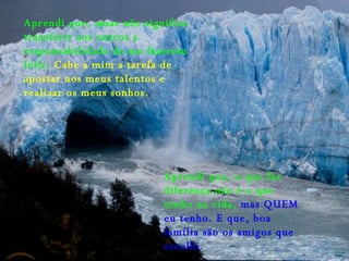 Aprendi que, amar não significa transferir aos outros a responsabilidade de me fazerem feliz.  Cabe a mim a tarefa de apostar nos meus talentos e realizar os meus sonhos. Aprendi que, o que faz diferença não é o que tenho na vida,  mas QUEM eu tenho. E que, boa família são os amigos que escolhi. 