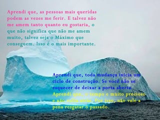 Aprendi que, as pessoas mais queridas podem as vezes me ferir. E talvez não me amem tanto quanto eu gostaria,  o que não significa que não me amem muito, talvez seja o Máximo que conseguem. Isso é o mais importante. Aprendi que, toda mudança inicia um ciclo de construção. Se você não se esquecer de deixar a porta aberta.  Aprendi que, o tempo e muito precioso e não volta atrás. Por isso, não vale a pena resgatar o passado. 