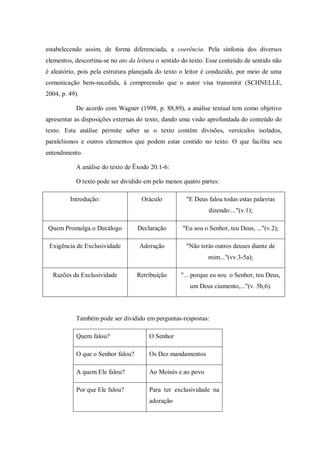 estabelecendo assim, de forma diferenciada, a coerência. Pela sinfonia dos diversos
elementos, descortina-se no ato da leitura o sentido do texto. Esse conteúdo de sentido não
é aleatório, pois pela estrutura planejada do texto o leitor é conduzido, por meio de uma
comunicação bem-sucedida, à compreensão que o autor visa transmitir (SCHNELLE,
2004, p. 49).

            De acordo com Wagner (1998, p. 88,89), a análise textual tem como objetivo
apresentar as disposições externas do texto, dando uma visão aprofundada do conteúdo do
texto. Esta análise permite saber se o texto contém divisões, versículos isolados,
paralelismos e outros elementos que podem estar contido no texto. O que facilita seu
entendimento.

            A análise do texto de Êxodo 20.1-6:

            O texto pode ser dividido em pelo menos quatro partes:

         Introdução:                 Oráculo          "E Deus falou todas estas palavras
                                                              dizendo:..."(v.1);

 Quem Promulga o Decálogo           Declaração      "Eu sou o Senhor, teu Deus, ..."(v.2);

 Exigência de Exclusividade         Adoração          "Não terás outros deuses diante de
                                                              mim..."(vv.3-5a);

  Razões da Exclusividade           Retribuição     "... porque eu sou o Senhor, teu Deus,
                                                       um Deus ciumento,..."(v. 5b,6).




            Também pode ser dividido em perguntas-respostas:

            Quem falou?                 O Senhor

            O que o Senhor falou?       Os Dez mandamentos

            A quem Ele falou?           Ao Moisés e ao povo

            Por que Ele falou?          Para ter exclusividade na
                                        adoração
 