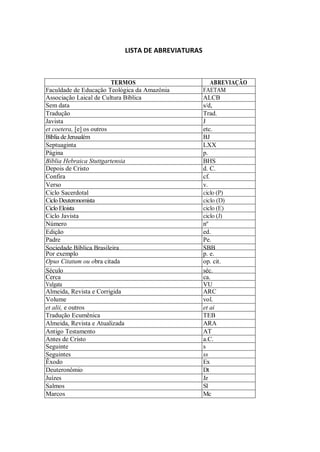 LISTA DE ABREVIATURAS



                          TERMOS                       ABREVIAÇÃO
Faculdade de Educação Teológica da Amazônia        FAETAM
Associação Laical de Cultura Bíblica               ALCB
Sem data                                           s/d,
Tradução                                           Trad.
Javista                                            J
et coetera, [e] os outros                          etc.
Bíblia de Jerusalém                                BJ
Septuaginta                                        LXX
Página                                             p.
Bíblia Hebraica Stuttgartensia                     BHS
Depois de Cristo                                   d. C.
Confira                                            cf.
Verso                                              v.
Ciclo Sacerdotal                                   ciclo (P)
Ciclo Deuteronomista                               ciclo (D)
Ciclo Eloista                                      ciclo (E)
Ciclo Javista                                      ciclo (J)
Número                                             nº
Edição                                             ed.
Padre                                              Pe.
Sociedade Bíblica Brasileira                       SBB
Por exemplo                                        p. e.
Opus Citatum ou obra citada                        op. cit.
Século                                             séc.
Cerca                                              ca.
Vulgata                                            VU
Almeida, Revista e Corrigida                       ARC
Volume                                             vol.
et alii, e outros                                  et ai
Tradução Ecumênica                                 TEB
Almeida, Revista e Atualizada                      ARA
Antigo Testamento                                  AT
Antes de Cristo                                    a.C.
Seguinte                                           s
Seguintes                                          ss
Êxodo                                              Ex
Deuteronômio                                       Dt
Juízes                                             Jz
Salmos                                             Sl
Marcos                                             Mc
 