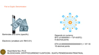 Rizal Mohd Nor, Ph.D.
BLOCKCHAIN, CRYPTOCURRENCY & BITCOIN - SUATU PENDEDAHAN PRAKTIKAL
Fiat vs Crypto: Denomination
Banknotes and coins (specific)
Electronic (smallest unit: RM 0.01)
Depends on currency
BTC (0.00000001 = 10^-8 BTC)
8 decimal points
ETH (0.0000000000000000001) = 10^-18
18 decimal points
 