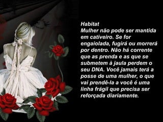 :   Habitat Mulher não pode ser mantida em cativeiro. Se for engaiolada, fugirá ou morrerá por dentro. Não há corrente que as prenda e as que se submetem à jaula perdem o seu DNA. Você jamais terá a posse de uma mulher, o que vai prendê-la a você é uma linha frágil que precisa ser reforçada diariamente.       