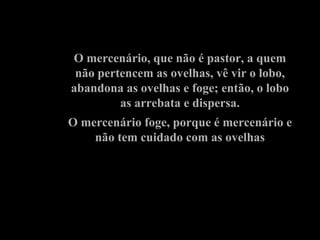 O mercenário, que não é pastor, a quem não pertencem as ovelhas, vê vir o lobo, abandona as ovelhas e foge; então, o lobo as arrebata e dispersa. O mercenário foge, porque é mercenário e não tem cuidado com as ovelhas 