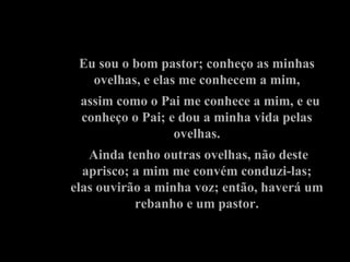 Eu sou o bom pastor; conheço as minhas ovelhas, e elas me conhecem a mim, assim como o Pai me conhece a mim, e eu conheço o Pai; e dou a minha vida pelas ovelhas. Ainda tenho outras ovelhas, não deste aprisco; a mim me convém conduzi-las; elas ouvirão a minha voz; então, haverá um rebanho e um pastor. 