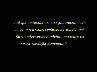 Até que entendamos que juntamente com as vinte mil vidas ceifadas a cada dia pela fome enterramos também uma parte da nossa condição humana...?  