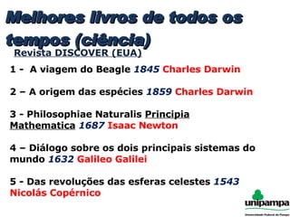 1 -  A viagem do Beagle  1845   Charles Darwin 2 – A origem das espécies  1859   Charles Darwin 3 - Philosophiae Naturalis  Principia Mathematica   1687   Isaac Newton 4 – Diálogo sobre os dois principais sistemas do mundo  1632   Galileo Galilei 5 - Das revoluções das esferas celestes  1543   Nicolás Copérnico Melhores livros de todos os tempos (ciência) Revista DISCOVER (EUA) 