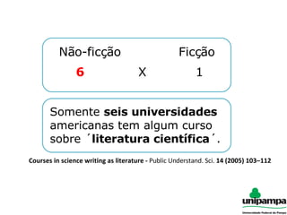 Não-ficção  Ficção Courses in science writing as literature -  Public Understand. Sci.  14 (2005) 103–112 6   X  1  Somente  seis universidades  americanas tem algum curso sobre ´ literatura científica ´. 