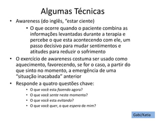Algumas Técnicas
• Awareness (do inglês, “estar ciente)
• O que ocorre quando o paciente combina as
informações levantadas durante a terapia e
percebe o que esta acontecendo com ele, um
passo decisivo para mudar sentimentos e
atitudes para reduzir o sofrimento
• O exercício de awareness costuma ser usado como
aquecimento, favorecendo, se for o caso, a partir do
que sinto no momento, a emergência de uma
“situação inacabada” anterior
• Responde a quatro questões chave:
• O que você esta fazendo agora?
• O que você sente neste momento?
• O que você esta evitando?
• O que você quer, o que espera de mim?
Gabi/Katia
 