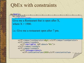 QbEx with constraints <q: Query > <q: template > <r: R estaurant > <r: type  rdf: resource =“ r#Tandoori " /> <r: open-time > <cif: V ariable  rdf: ID =" x "> <cif: varname > x </cif: varname > </cif: V ariable > </r: open-time > </r: R estaurant > </q: template > <q: constraints > <cif: C omparison > <cif: comparison O perator > > </cif: comparison O perator > <cif: comparison O p1 > <cif: V ariable  rdf: about =" #x "/> </cif: comparison O p1 > <cif: comparison O p2 > <cif: I ntegerconst > <cif: constant V alue > 1900 </cif: constant V alue >  .. . . Give me a Restaurant that is open after X,  where X > 1900. i.e. Give me a restaurant open after 7 pm.  