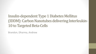 Insulin-dependentType1 DiabetesMellitus
(IDDM): CarbonNanotubesdeliveringInterleukin-
10 toTargetedBeta-Cells
Brandon, Dharma, Andrew
 