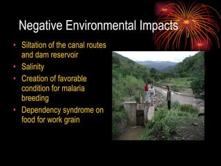 Negative Environmental Impacts Siltation of the canal routes and dam reservoir  Salinity Creation of favorable condition for malaria breeding Dependency syndrome on food for work grain 