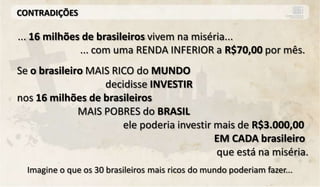 CONTRADIÇÕES

... 16 milhões de brasileiros vivem na miséria...
              ... com uma RENDA INFERIOR a R$70,00 por mês.
Se o brasileiro MAIS RICO do MUNDO
                   decidisse INVESTIR
nos 16 milhões de brasileiros
              MAIS POBRES do BRASIL
                       ele poderia investir mais de R$3.000,00
                                            EM CADA brasileiro
                                            que está na miséria.
  Imagine o que os 30 brasileiros mais ricos do mundo poderiam fazer...
 