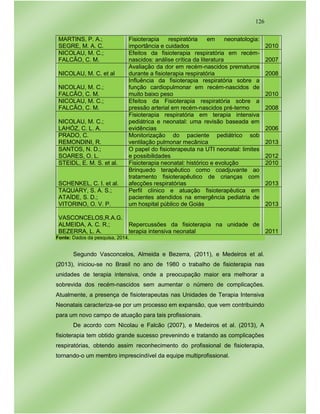 126
MARTINS, P. A.;
SEGRE, M. A. C.
Fisioterapia respiratória em neonatologia:
importância e cuidados 2010
NICOLAU, M. C.;
FALCÃO, C. M.
Efeitos da fisioterapia respiratória em recém-
nascidos: análise crítica da literatura 2007
NICOLAU, M. C. et al
Avaliação da dor em recém-nascidos prematuros
durante a fisioterapia respiratória 2008
NICOLAU, M. C.;
FALCÃO, C. M.
Influência da fisioterapia respiratória sobre a
função cardiopulmonar em recém-nascidos de
muito baixo peso 2010
NICOLAU, M. C.;
FALCÃO, C. M.
Efeitos da Fisioterapia respiratória sobre a
pressão arterial em recém-nascidos pré-termo 2008
NICOLAU, M. C.;
LAHÓZ, C. L. A.
Fisioterapia respiratória em terapia intensiva
pediátrica e neonatal: uma revisão baseada em
evidências 2006
PRADO, C.
REMONDINI, R.
Monitorização do paciente pediátrico sob
ventilação pulmonar mecânica 2013
SANTOS, N. D.;
SOARES, O. L.
O papel do fisioterapeuta na UTI neonatal: limites
e possibilidades 2012
STEIDL, E. M. S. et al. Fisioterapia neonatal: histórico e evolução 2010
SCHENKEL, C. I. et al.
Brinquedo terapêutico como coadjuvante ao
tratamento fisioterapêutico de crianças com
afecções respiratórias 2013
TAQUARY, S. A. S.;
ATAÍDE, S. D.;
VITORINO, O. V. P.
Perfil clínico e atuação fisioterapêutica em
pacientes atendidos na emergência pediatria de
um hospital público de Goiás 2013
VASCONCELOS,R.A.G.
ALMEIDA, A. C. R.;
BEZERRA, L. A.
Repercussões da fisioterapia na unidade de
terapia intensiva neonatal 2011
Fonte: Dados da pesquisa, 2014.
Segundo Vasconcelos, Almeida e Bezerra, (2011), e Medeiros et al.
(2013), iniciou-se no Brasil no ano de 1980 o trabalho de fisioterapia nas
unidades de terapia intensiva, onde a preocupação maior era melhorar a
sobrevida dos recém-nascidos sem aumentar o número de complicações.
Atualmente, a presença de fisioterapeutas nas Unidades de Terapia Intensiva
Neonatais caracteriza-se por um processo em expansão, que vem contribuindo
para um novo campo de atuação para tais profissionais.
De acordo com Nicolau e Falcão (2007), e Medeiros et al. (2013), A
fisioterapia tem obtido grande sucesso prevenindo e tratando as complicações
respiratórias, obtendo assim reconhecimento do profissional de fisioterapia,
tornando-o um membro imprescindível da equipe multiprofissional.
 