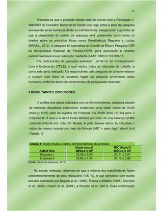 53
Ressalta-se que o presente estudo está de acordo com a Resolução n°
466/2012 do Conselho Nacional de Saúde que rege sobre a ética da pesquisa
envolvendo seres humanos direta ou indiretamente, assegurando a garantia de
que a privacidade do sujeito da pesquisa será preservada como todos os
direitos sobre os princípios éticos como: Beneficência, Respeito e Justiça
(BRASIL, 2012). A pesquisa foi submetida ao Comitê de Ética e Pesquisa-CEP
da Universidade Estadual da Paraíba-UEPB, para apreciação e recebeu
parecer favorável à sua realização mediante CAAE: 0183.0.133.000-11.
Os participantes da pesquisa assinaram um termo de Consentimento
Livre e Esclarecido (TCLE), o qual explica todas as intenções do trabalho e
como este seria realizado. Os responsáveis pela pesquisa se comprometeram
a cumprir com todos os aspectos legais da pesquisa envolvendo seres
humanos, conforme termo de compromisso de pesquisador assinado.
3 RESULTADOS E DISCUSSÕES
A análise dos dados coletados com os 50 mineradores, realizada através
de métodos descritivos estatísticos, evidenciou uma idade média de 29,08
anos (± 6,55) para os sujeitos da Empresa I e 29,80 anos (±7,34) para a
Empresa II. O peso e a altura foram aferidos por meio de uma balança portátil
calibrada (Filizola Ind. Ltda, SP, Brasil). A partir desses dados, foi calculado o
índice de massa corporal por meio da fórmula [IMC¹ = peso (kg) / altura² (m)]
(Tabela 1).
Tabela 1: Idade média e dados antropométricos da amostra.
AMOSTRA
Idade (anos)
MÉDIA ± DP
IMC (Kg/m2)
MÉDIA ± DP
Empresa I 29,08 ± 6,55 23,11 ± 2,61
Empresa II 29,80 ± 7,34 24,13 ± 2,86
Fonte: Dados da pesquisa, 2011.
No estudo realizado, observou-se que a maioria dos trabalhadores foram
predominantemente do sexo masculino (100 %), o que corrobora com outros
estudos realizados por Bagatin et al. (1995); Pivetta e Botelho (1997); Carneiro
et al. (2002); Castro et al. (2004), e Rondon et al. (2011). Essa confirmação
 