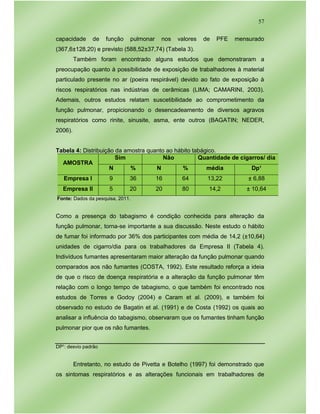 57
capacidade de função pulmonar nos valores de PFE mensurado
(367,6±128,20) e previsto (588,52±37,74) (Tabela 3).
Também foram encontrado alguns estudos que demonstraram a
preocupação quanto à possibilidade de exposição de trabalhadores à material
particulado presente no ar (poeira respirável) devido ao fato de exposição à
riscos respiratórios nas indústrias de cerâmicas (LIMA; CAMARINI, 2003).
Ademais, outros estudos relatam suscetibilidade ao comprometimento da
função pulmonar, propicionando o desencadeamento de diversos agravos
respiratórios como rinite, sinusite, asma, ente outros (BAGATIN; NEDER,
2006).
Tabela 4: Distribuição da amostra quanto ao hábito tabágico.
AMOSTRA
Sim Não Quantidade de cigarros/ dia
N % N % média Dp¹
Empresa I 9 36 16 64 13,22 ± 6,88
Empresa II 5 20 20 80 14,2 ± 10,64
Fonte: Dados da pesquisa, 2011.
Como a presença do tabagismo é condição conhecida para alteração da
função pulmonar, torna-se importante a sua discussão. Neste estudo o hábito
de fumar foi informado por 36% dos participantes com média de 14,2 (±10,64)
unidades de cigarro/dia para os trabalhadores da Empresa II (Tabela 4).
Indivíduos fumantes apresentaram maior alteração da função pulmonar quando
comparados aos não fumantes (COSTA, 1992). Este resultado reforça a ideia
de que o risco de doença respiratória e a alteração da função pulmonar têm
relação com o longo tempo de tabagismo, o que também foi encontrado nos
estudos de Torres e Godoy (2004) e Caram et al. (2009), e também foi
observado no estudo de Bagatin et al. (1991) e de Costa (1992) os quais ao
analisar a influência do tabagismo, observaram que os fumantes tinham função
pulmonar pior que os não fumantes.
DP¹: desvio padrão
Entretanto, no estudo de Pivetta e Botelho (1997) foi demonstrado que
os sintomas respiratórios e as alterações funcionais em trabalhadores de
 