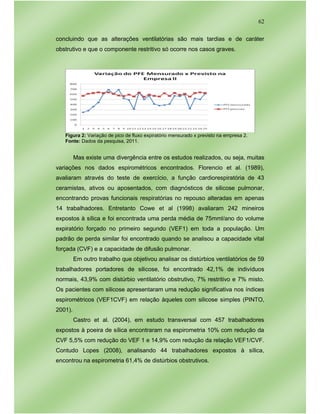 62
concluindo que as alterações ventilatórias são mais tardias e de caráter
obstrutivo e que o componente restritivo só ocorre nos casos graves.
Figura 2: Variação de pico de fluxo expiratório mensurado x previsto na empresa 2.
Fonte: Dados da pesquisa, 2011.
Mas existe uma divergência entre os estudos realizados, ou seja, muitas
variações nos dados espirométricos encontrados. Florencio et al. (1989),
avaliaram através do teste de exercício, a função cardiorespiratória de 43
ceramistas, ativos ou aposentados, com diagnósticos de silicose pulmonar,
encontrando provas funcionais respiratórias no repouso alteradas em apenas
14 trabalhadores. Entretanto Cowe et al (1998) avaliaram 242 mineiros
expostos à sílica e foi encontrada uma perda média de 75mml/ano do volume
expiratório forçado no primeiro segundo (VEF1) em toda a população. Um
padrão de perda similar foi encontrado quando se analisou a capacidade vital
forçada (CVF) e a capacidade de difusão pulmonar.
Em outro trabalho que objetivou analisar os distúrbios ventilatórios de 59
trabalhadores portadores de silicose, foi encontrado 42,1% de indivíduos
normais, 43,9% com distúrbio ventilatório obstrutivo, 7% restritivo e 7% misto.
Os pacientes com silicose apresentaram uma redução significativa nos índices
espirométricos (VEF1CVF) em relação àqueles com silicose simples (PINTO,
2001).
Castro et al. (2004), em estudo transversal com 457 trabalhadores
expostos à poeira de sílica encontraram na espirometria 10% com redução da
CVF 5,5% com redução do VEF 1 e 14,9% com redução da relação VEF1/CVF.
Contudo Lopes (2008), analisando 44 trabalhadores expostos à sílica,
encontrou na espirometria 61,4% de distúrbios obstrutivos.
 