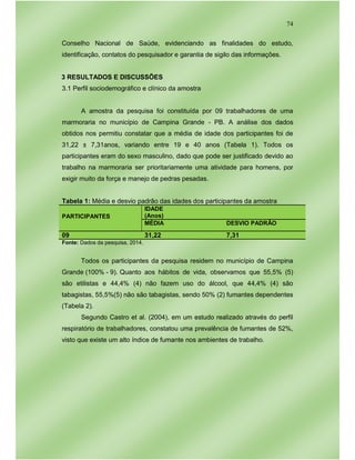 74
Conselho Nacional de Saúde, evidenciando as finalidades do estudo,
identificação, contatos do pesquisador e garantia de sigilo das informações.
3 RESULTADOS E DISCUSSÕES
3.1 Perfil sociodemográfico e clínico da amostra
A amostra da pesquisa foi constituída por 09 trabalhadores de uma
marmoraria no município de Campina Grande - PB. A análise dos dados
obtidos nos permitiu constatar que a média de idade dos participantes foi de
31,22 ± 7,31anos, variando entre 19 e 40 anos (Tabela 1). Todos os
participantes eram do sexo masculino, dado que pode ser justificado devido ao
trabalho na marmoraria ser prioritariamente uma atividade para homens, por
exigir muito da força e manejo de pedras pesadas.
Tabela 1: Média e desvio padrão das idades dos participantes da amostra
PARTICIPANTES
IDADE
(Anos)
MÉDIA DESVIO PADRÃO
09 31,22 7,31
Fonte: Dados da pesquisa, 2014.
Todos os participantes da pesquisa residem no município de Campina
Grande (100% - 9). Quanto aos hábitos de vida, observamos que 55,5% (5)
são etilistas e 44,4% (4) não fazem uso do álcool, que 44,4% (4) são
tabagistas, 55,5%(5) não são tabagistas, sendo 50% (2) fumantes dependentes
(Tabela 2).
Segundo Castro et al. (2004), em um estudo realizado através do perfil
respiratório de trabalhadores, constatou uma prevalência de fumantes de 52%,
visto que existe um alto índice de fumante nos ambientes de trabalho.
 