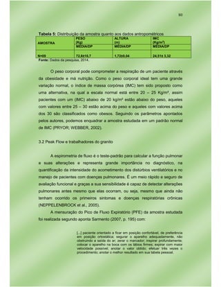 80
Tabela 5: Distribuição da amostra quanto aos dados antropométricos
AMOSTRA
PESO
(Kg)
ALTURA
(m)
IMC
(Kg/m2
)
MÉDIA/DP MÉDIA/DP MÉDIA/DP
N=09 72,8±10,7 1,72±0,04 24,51± 3,32
Fonte: Dados da pesquisa, 2014.
O peso corporal pode comprometer a respiração de um paciente através
da obesidade e má nutrição. Como o peso corporal ideal tem uma grande
variação normal, o índice de massa corpórea (IMC) tem sido proposto como
uma alternativa, na qual a escala normal está entre 20 – 25 Kg/m², assim
pacientes com um (IMC) abaixo de 20 kg/m² estão abaixo do peso, aqueles
com valores entre 25 – 30 estão acima do peso e aqueles com valores acima
dos 30 são classificados como obesos. Seguindo os parâmetros apontados
pelos autores, podemos enquadrar a amostra estudada em um padrão normal
de IMC (PRYOR; WEBBER, 2002).
3.2 Peak Flow e trabalhadores do granito
A espirometria de fluxo é o teste-padrão para calcular a função pulmonar
e suas alterações e representa grande importância no diagnóstico, na
quantificação da intensidade do acometimento dos distúrbios ventilatórios e no
manejo de pacientes com doenças pulmonares. É um meio rápido e seguro de
avaliação funcional e graças a sua sensibilidade é capaz de detectar alterações
pulmonares antes mesmo que elas ocorram, ou seja, mesmo que ainda não
tenham ocorrido os primeiros sintomas e doenças respiratórias crônicas
(NEPPELENBROCK et al., 2005).
A mensuração do Pico de Fluxo Expiratório (PFE) da amostra estudada
foi realizada segundo aponta Sarmento (2007, p. 195) com:
[...] paciente orientado a ficar em posição confortável, de preferência
em posição ortostática; segurar o aparelho adequadamente, não
obstruindo a saída do ar; zerar o marcador; inspirar profundamente;
colocar o aparelho na boca com os lábios firmes; expirar com maior
velocidade possível; anotar o valor obtido; efetuar três vezes o
procedimento; anotar o melhor resultado em sua tabela pessoal.
 