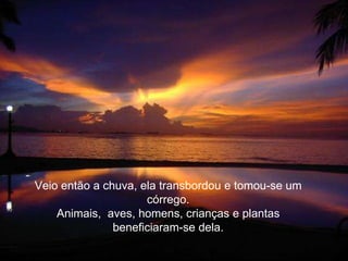 Veio então a chuva, ela transbordou e tomou-se um
                     córrego.
    Animais, aves, homens, crianças e plantas
               beneficiaram-se dela.
 
