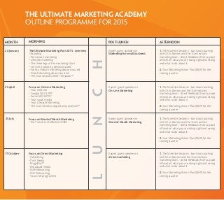 The Ultimate Marketing Academy 
Outline Programme for 2015 
Month Morning Post-lunch Afternoon 
The Ultimate Marketing Plan 2015 - overview 
• Branding 
• Permission marketing 
• Lifecycle marketing 
• The three legs of the marketing stool 
• On-Line marketing deconstructed 
• Word of Mouth marketing deconstructed 
• Direct Marketing deconstructed 
• The 7connections ROMI Template™ 
Focus on On-Line Marketing 
• Your web site 
• Google SEO & PPC 
• Social SEO & PPC 
• Your social media 
• Your Lifecycle Marketing 
• The 7connections Opportunity Analyser™ 
Focus on Word of Mouth Marketing 
• the 7 secrets of effective WOM 
Focus on Direct Marketing 
• Advertising 
• Print Media 
• MagicBox™ 
• Broadcast media 
• B2B Networking 
• B2C Networking 
• Your CSR programme 
1. The Marmite Sessions - bar-stool coaching 
with Chris Barrow and the 7connections 
marketing team - direct feedback (from a place 
of love) on what you are doing right and wrong 
and what to do about it. 
2. Your Marketing Action Plan (MAP) for the 
coming quarter. 
1. The Marmite Sessions - bar-stool coaching 
with Chris Barrow and the 7connections 
marketing team - direct feedback (from a place 
of love) on what you are doing right and wrong 
and what to do about it. 
2. Your Marketing Action Plan (MAP) for the 
coming quarter. 
1. The Marmite Sessions - bar-stool coaching 
with Chris Barrow and the 7connections 
marketing team - direct feedback (from a place 
of love) on what you are doing right and wrong 
and what to do about it. 
2. Your Marketing Action Plan (MAP) for the 
coming quarter 
1. The Marmite Sessions - bar-stool coaching 
with Chris Barrow and the 7connections 
marketing team - direct feedback (from a place 
of love) on what you are doing right and wrong 
and what to do about it. 
2. Your Marketing Action Plan (MAP) for the 
coming quarter 
Expert guest speaker on 
Marketing for small business 
Expert guest speaker on 
On-Line Marketing 
Expert guest speaker on 
Word of Mouth Marketing 
Expert guest speaker on 
direct marketing 
24 January 
25 April 
25 July 
17 October 
L U N C H 
 