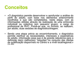 Conceitos «O diagnóstico permite desenvolver e aprofundar a análise do perfil do adulto, com base nos elementos anteriormente recolhidos e que são completados, nesta etapa, com as informações obtidas através da realização de uma entrevista individual ou colectiva (em pequeno grupo), a cargo do profissional de RVC. Prevê-se que, no mínimo, se realizem, por adulto, duas sessões de diagnóstico/triagem. Sendo uma etapa prévia ao encaminhamento, o diagnóstico permite clarificar as necessidades, interesses e expectativas do adulto, informação essa que é de grande relevância para a definição da(s) melhor(es) “soluções”,no conjunto das ofertas de qualificação disponíveis no Centro e a nível local/regional.»  CQ- ANQ 