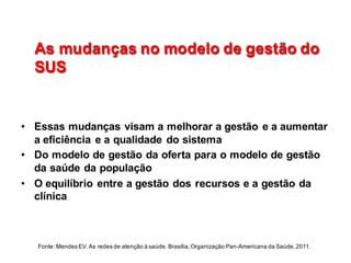 As  mudanças  no  modelo  de  gestão  do  
SUS
As  mudanças  no  modelo  de  gestão  do  
SUS
• Essas  mudanças  visam  a  melhorar  a  gestão  e  a  aumentar  
a  eficiência  e  a  qualidade  do  sistema
• Do  modelo  de  gestão  da  oferta  para  o  modelo  de  gestão  
da  saúde  da  população
• O  equilíbrio  entre  a  gestão  dos  recursos  e  a  gestão  da  
clínica
Fonte:  Mendes  EV.  As  redes  de  atenção  à  saúde.  Brasília,  Organização  Pan-­Americana  da  Saúde,  2011.
 