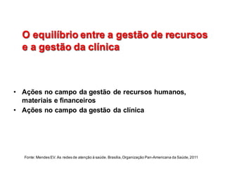 O  equilíbrio  entre  a  gestão  de  recursos              
e  a  gestão  da  clínica
O  equilíbrio  entre  a  gestão  de  recursos              
e  a  gestão  da  clínica
• Ações  no  campo  da  gestão  de  recursos  humanos,  
materiais  e  financeiros
• Ações  no  campo  da  gestão  da  clínica
Fonte:  Mendes  EV.  As  redes  de  atenção  à  saúde.  Brasília,  Organização  Pan-­Americana  da  Saúde,  2011
 