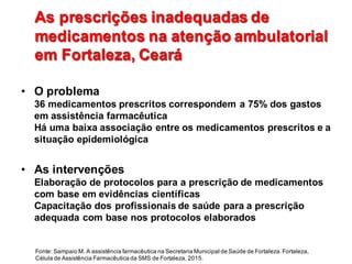 As  prescrições  inadequadas  de  
medicamentos  na  atenção  ambulatorial  
em  Fortaleza,  Ceará
As  prescrições  inadequadas  de  
medicamentos  na  atenção  ambulatorial  
em  Fortaleza,  Ceará
• O  problema
36  medicamentos  prescritos  correspondem  a  75%  dos  gastos  
em  assistência  farmacêutica                                                                                                                  
Há  uma  baixa  associação  entre  os  medicamentos  prescritos  e  a  
situação  epidemiológica    
• As  intervenções                                                                                                                          
Elaboração  de  protocolos  para  a  prescrição  de  medicamentos  
com  base  em  evidências  científicas                                                                                            
Capacitação  dos  profissionais  de  saúde  para  a  prescrição  
adequada  com  base  nos  protocolos  elaborados
Fonte:  Sampaio  M.  A  assistência  farmacêutica  na  Secretaria  Municipal  de  Saúde  de  Fortaleza.  Fortaleza,  
Célula  de  Assistência  Farmacêutica  da  SMS  de  Fortaleza,  2015.
 