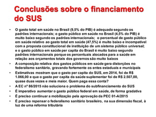 Conclusões  sobre  o  financiamento  
do  SUS  
Conclusões  sobre  o  financiamento  
do  SUS  
• O  gasto  total  em  saúde  no  Brasil  (9,5%  do  PIB)  é  adequado  segundo  os  
padrões  internacionais;;  o  gasto  público  em  saúde  no  Brasil  (4,5%  do  PIB)  é  
muito  baixo  segundo  os  padrões  internacionais;;    o  percentual  de  gasto  público  
em  saúde  relativo  ao  gasto  total  em  saúde  (47,5%)  é  muito  baixo  e  incompatível  
com  a  proposta  constitucional  de  instituição  de  um  sistema  público  universal;;  
e  o  gasto  público  em  saúde  per  capita  do  Brasil  é  muito  baixo  segundo  
padrões  internacionais  porque  os percentuais  alocados  para  a  saúde  em  
relação  aos  orçamentos  totais  dos  governos  são  muito  baixos
• A  composição  relativa  dos  gastos  públicos  em  saúde  gera  distorções  no  
federalismo  sanitário,  gravando  fortemente  os  entes  estaduais  e  municipais
• Estimativas  mostram  que  o  gasto  per  capita  do  SUS,  em  2014,  foi  de  R$  
1.066,00  e  que  o  gasto  per  capita  da  saúde  suplementar  foi  de  R$  2.507,00,  
quase  duas  vezes  e  meia  maior.  Quem  paga essa  conta?
• A  EC  nº  86/2015  não soluciona  o  problema  do  subfinanciamento  do  SUS
• É  imperativo  aumentar  o  gasto  público  federal  em  saúde,  de  forma  gradativa
• É  preciso continuar  a  mobilização  pela  aprovação  da  PEC  01-­A/2015
• É  preciso  repensar  o  federalismo  sanitário brasileiro,   na  sua  dimensão  fiscal,  à  
luz  de  uma  reforma  tributária
 