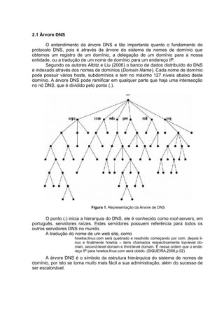 2.1 Árvore DNS

       O entendimento da árvore DNS e tão importante quanto o fundamento do
protocolo DNS, pois é através da árvore do sistema de nomes de domínio que
obtemos um registro de um domínio, a delegação de um domínio para a nossa
entidade, ou a tradução de um nome de domínio para um endereço IP.
       Segundo os autores Albitz e Liu (2006) o banco de dados distribuído do DNS
é indexado através dos nomes de domínios (Domain Name). Cada nome de domínio
pode possuir vários hosts, subdomínios e tem no máximo 127 níveis abaixo deste
domínio. A árvore DNS pode ramificar em qualquer parte que haja uma intersecção
no nó DNS, que é dividido pelo ponto (.).




                              Figura 1. Representação da Árvore de DNS


       O ponto (.) inicia a hierarquia do DNS, ele é conhecido como root-servers, em
português, servidores raízes. Estes servidores possuem referência para todos os
outros servidores DNS no mundo.
       A tradução do nome de um web site, como
                     howtos.linux.com será quebrado e resolvido começando por com, depois li-
                     nux e finalmente howtos – itens chamados respectivamente top-level do-
                     main, second-level domain e third-level domain. É nessa ordem que o ende-
                     reço IP para howtos.linux.com será obtido. (SIQUEIRA,2008,p.52)
       A árvore DNS é o símbolo da estrutura hierárquica do sistema de nomes de
domínio, por isto se torna muito mais fácil a sua administração, além do sucesso de
ser escalonável.
 