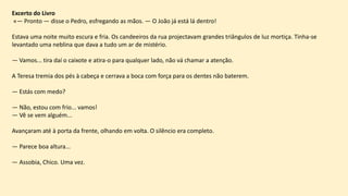 Excerto do Livro
«— Pronto — disse o Pedro, esfregando as mãos. — O João já está lá dentro!
Estava uma noite muito escura e fria. Os candeeiros da rua projectavam grandes triângulos de luz mortiça. Tinha-se
levantado uma neblina que dava a tudo um ar de mistério.
— Vamos... tira daí o caixote e atira-o para qualquer lado, não vá chamar a atenção.
A Teresa tremia dos pés à cabeça e cerrava a boca com força para os dentes não baterem.
— Estás com medo?
— Não, estou com frio... vamos!
— Vê se vem alguém...
Avançaram até à porta da frente, olhando em volta. O silêncio era completo.
— Parece boa altura...
— Assobia, Chico. Uma vez.
 