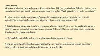 Excerto do Livro
«A serra enchia-se de sombras e ruídos estranhos. Não se via vivalma. O Pedro deitou uma
mirada ao Faial, pensando, com um aperto no coração: "Do fogo não nos pode ele salvar."
A Luísa, muito calada, apertava o Caracol de encontro ao peito, inquieta por o sentir
agitado. Seria impressão deles, ou alguma coisa estaria para acontecer?
O Faial estacou, de pelo eriçado, e começou a ladrar desenfreadamente, rodando sobre si
mesmo, como se também estivesse em pânico. O Caracol latia e estrebuchava, tentando
libertar-se dos braços da Luísa.
— Teresa! O cheiro! O cheiro... — exclamou a Luísa, quase a chorar.
O cheiro inconfundível de fumo penetrou-lhes as narinas, ao mesmo tempo que viam,
estarrecidos, uma imensa labareda alastrar na sua frente.
 