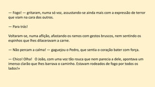 — Fogo! — gritaram, numa só voz, assustando-se ainda mais com a expressão de terror
que viam na cara dos outros.
— Para trás!
Voltaram-se, numa aflição, afastando os ramos com gestos bruscos, nem sentindo os
espinhos que lhes dilaceravam a carne.
— Não percam a calma! — gaguejou o Pedro, que sentia o coração bater com força.
— Chico! Olha! O João, com uma voz tão rouca que nem parecia a dele, apontava um
imenso clarão que lhes barrava o caminho. Estavam rodeados de fogo por todos os
lados!»
 