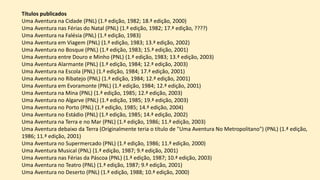 Títulos publicados
Uma Aventura na Cidade (PNL) (1.ª edição, 1982; 18.ª edição, 2000)
Uma Aventura nas Férias do Natal (PNL) (1.ª edição, 1982; 17.ª edição, ????)
Uma Aventura na Falésia (PNL) (1.ª edição, 1983)
Uma Aventura em Viagem (PNL) (1.ª edição, 1983; 13.ª edição, 2002)
Uma Aventura no Bosque (PNL) (1.ª edição, 1983; 15.ª edição, 2001)
Uma Aventura entre Douro e Minho (PNL) (1.ª edição, 1983; 13.ª edição, 2003)
Uma Aventura Alarmante (PNL) (1.ª edição, 1984; 12.ª edição, 2003)
Uma Aventura na Escola (PNL) (1.ª edição, 1984; 17.ª edição, 2001)
Uma Aventura no Ribatejo (PNL) (1.ª edição, 1984; 12.ª edição, 2001)
Uma Aventura em Evoramonte (PNL) (1.ª edição, 1984; 12.ª edição, 2001)
Uma Aventura na Mina (PNL) (1.ª edição, 1985; 12.ª edição, 2003)
Uma Aventura no Algarve (PNL) (1.ª edição, 1985; 19.ª edição, 2003)
Uma Aventura no Porto (PNL) (1.ª edição, 1985; 14.ª edição, 2004)
Uma Aventura no Estádio (PNL) (1.ª edição, 1985; 14.ª edição, 2002)
Uma Aventura na Terra e no Mar (PNL) (1.ª edição, 1986; 11.ª edição, 2003)
Uma Aventura debaixo da Terra (Originalmente teria o título de "Uma Aventura No Metropolitano") (PNL) (1.ª edição,
1986; 11.ª edição, 2001)
Uma Aventura no Supermercado (PNL) (1.ª edição, 1986; 11.ª edição, 2000)
Uma Aventura Musical (PNL) (1.ª edição, 1987; 9.ª edição, 2001)
Uma Aventura nas Férias da Páscoa (PNL) (1.ª edição, 1987; 10.ª edição, 2003)
Uma Aventura no Teatro (PNL) (1.ª edição, 1987; 9.ª edição, 2001)
Uma Aventura no Deserto (PNL) (1.ª edição, 1988; 10.ª edição, 2000)
 