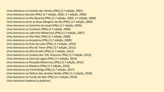 Uma Aventura no Castelo dos Ventos (PNL) (1.ª edição, 2001)
Uma Aventura Secreta (PNL) (1.ª edição, 2002; 2.ª edição, 2006)
Uma Aventura na Ilha Deserta (PNL) (1.ª edição, 2003; 2.ª edição, 2006)
Uma Aventura entre as Duas Margens do Rio (PNL) (1.ª edição, 2004)
Uma Aventura no Caminho do Javali (PNL) (1.ª edição, 2005)
Uma Aventura no Comboio (PNL) (1.ª edição, 2006)
Uma Aventura no Labirinto Misterioso (PNL) (1.ª edição, 2007)
Uma Aventura no Alto Mar (PNL) (1.ª edição, 2008)
Uma Aventura na Amazónia (PNL) (1.ª edição, 2009)
Uma Aventura no Pulo do Lobo (PNL) (1.ª edição, 2010)
Uma Aventura na Ilha de Timor (PNL) (1.ª edição, 2011)
Uma Aventura no Sítio Errado (PNL) (1.ª edição, 2012)
Uma Aventura no Castelo dos Três Tesouros (PNL) (1.ª edição, 2013)
Uma Aventura na Casa da Lagoa (PNL) (1.ª edição, 2014)
Uma Aventura na Pousada Misteriosa (PNL) (1.ª edição, 2015)
Uma Aventura na Madeira (PNL) (1.ª edição, 2016)
Uma Aventura em Conímbriga (PNL) (1.ª edição, 2017)
Uma Aventura no Palácio das Janelas Verdes (PNL) (1.ª edição, 2018)
Uma Aventura no Fundo do Mar (PNL) (1.ª edição, 2019)
Uma Aventura Voadora (a publicar)
 