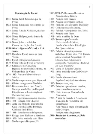 9
Cronologia de Freud
1815- Nasce Jacob Schlomo, pai de
Freud
1832- Nasce Emmauel, meio-irmão de
Freud
1835- Nasce Amalie Nathason, mãe de
Freud
1836- Nasce Philippe, meio-irmão de
Freud.
1855- Nasce John, o sobrinho
Casamento de Jacob e Amalie.
1856- Nasce Sigmund Freud, a 6 de
maio.
1859- Outubro: Freud muda-se para
Viena.
1865- Freud entra para o Gynasium
1870- Única volta de Freud a Frieberg
1873- Gradua-se no Gynasium;
Ingressa no curso de Medicina, na
Universidade de Viena.
1876-1882- Atua no laboratório de
Brücke
1878- Muda seu prenome para Sigmund.
1881- Obtém seu grau em Medicina.
1882- Breuer termina o caso Ana O;
Começa a trabalhar no Hospital
Psiquiátrico, sob orientação de
Theodor Meynert.
1884-885- Experimentos com a cocaína.
1885-1886- Estagia com Charcot
1886- Abre seu primeiro consultório;
Casa-se com Martha Bernays;
Conhece Emil Fliess
1887-1888- Estuda o uso da hipnose.
1889- Estagia com Liebault e Bernheim
1889-1890- Inicia amizade com Fliess
1891- Muda-se para Bergasse, 19
1893-1894- Publica com Breuer os
Estudos sobre a Histeria
1894- Rompe com Breuer.
1895- Analisa os próprios sonhos
1896- Primeiro uso do termo Psicanálise
1897- Começa sua auto-analise.
1899- Publica A Interpretação dos Sonhos.
1900- Rompe com Fliess
1901- Inicia a análise de Dora
1902- Torna-se professor da
Universidade de Viena;
Funda a Sociedade Psicológica
das Quartas-feiras.
1905- Publica vários importantes
trabalhos. Entre eles: Três Ensaios
sobre a Teoria da Sexualidade, Os
Chistes e Suas Relações com o
Inconsciente, Fragmentos da Análise de
um Caso de Histeria
1909- Visita os Estados Unidos
1906- Inicia amizade com Carl Gustav
Jung
1910- Funda a International
Psycho-Analytical Association
1913- Rompe com Jung.
1923- Primeira operação no maxilar,
para controlar um câncer.
1933- Hitler torna-se Chanceler da
Alemanha
1938- A casa de Freud e a Associação
Vienense de Psicanálise são
vasculhadas;
Ana Freud é presa e interrogada
pela Gestapo.
Emigra para a Inglaterra
1939- Morre em Londres, a 23 de
setembro
 