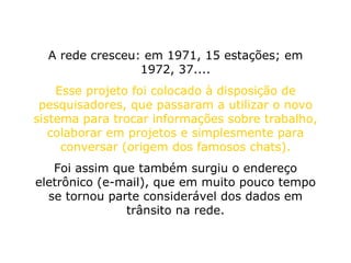 A rede cresceu: em 1971, 15 estações; em 1972, 37.... Esse projeto foi colocado à disposição de pesquisadores, que passaram a utilizar o novo sistema para trocar informações sobre trabalho, colaborar em projetos e simplesmente para conversar (origem dos famosos chats). Foi assim que também surgiu o endereço eletrônico (e-mail), que em muito pouco tempo se tornou parte considerável dos dados em trânsito na rede. 