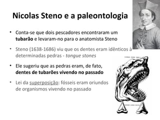 Nicolas Steno e a paleontologia
• Conta-se que dois pescadores encontraram um
tubarão e levaram-no para o anatomista Steno
• Steno (1638-1686) viu que os dentes eram idênticos à
determinadas pedras - tongue stones
• Ele sugeriu que as pedras eram, de fato,
dentes de tubarões vivendo no passado
• Lei da superposição: fósseis eram oriundos
de organismos vivendo no passado

 