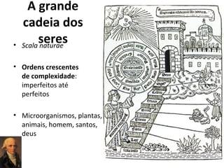 •

A grande
cadeia dos
seres
Scala naturae

• Ordens crescentes
de complexidade:
imperfeitos até
perfeitos
• Microorganismos, plantas,
animais, homem, santos,
deus

 