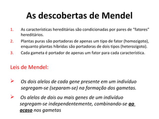 As descobertas de Mendel
1.
2.
3.

As características hereditárias são condicionadas por pares de “fatores”
hereditários.
Plantas puras são portadoras de apenas um tipo de fator (homozigoto),
enquanto plantas híbridas são portadoras de dois tipos (heterozigoto).
Cada gameta é portador de apenas um fator para cada característica.

Leis de Mendel:


Os dois alelos de cada gene presente em um indivíduo
segregam-se (separam-se) na formação dos gametas.



Os alelos de dois ou mais genes de um indivíduo
segregam-se independentemente, combinando-se ao
acaso nos gametas

 