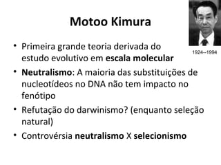 Motoo Kimura
• Primeira grande teoria derivada do
1924--1994
estudo evolutivo em escala molecular
• Neutralismo: A maioria das substituições de
nucleotídeos no DNA não tem impacto no
fenótipo
• Refutação do darwinismo? (enquanto seleção
natural)
• Controvérsia neutralismo X selecionismo

 