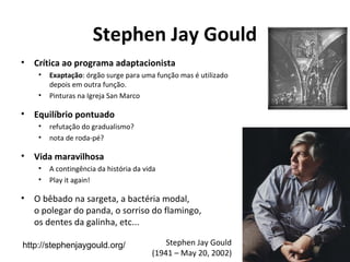 Stephen Jay Gould
•

Crítica ao programa adaptacionista
•
•

•

Equilíbrio pontuado
•
•

•

refutação do gradualismo?
nota de roda-pé?

Vida maravilhosa
•
•

•

Exaptação: órgão surge para uma função mas é utilizado
depois em outra função.
Pinturas na Igreja San Marco

A contingência da história da vida
Play it again!

O bêbado na sargeta, a bactéria modal,
o polegar do panda, o sorriso do flamingo,
os dentes da galinha, etc...

http://stephenjaygould.org/

Stephen Jay Gould
(1941 – May 20, 2002)

 