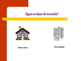 Quais os tipos de moradia?
Uma casa Um prédio
 